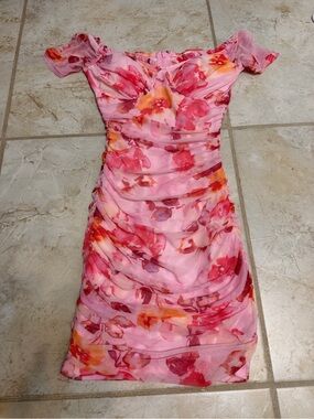 Pink Floral Off-Shoulder Ruched Mini Dress
